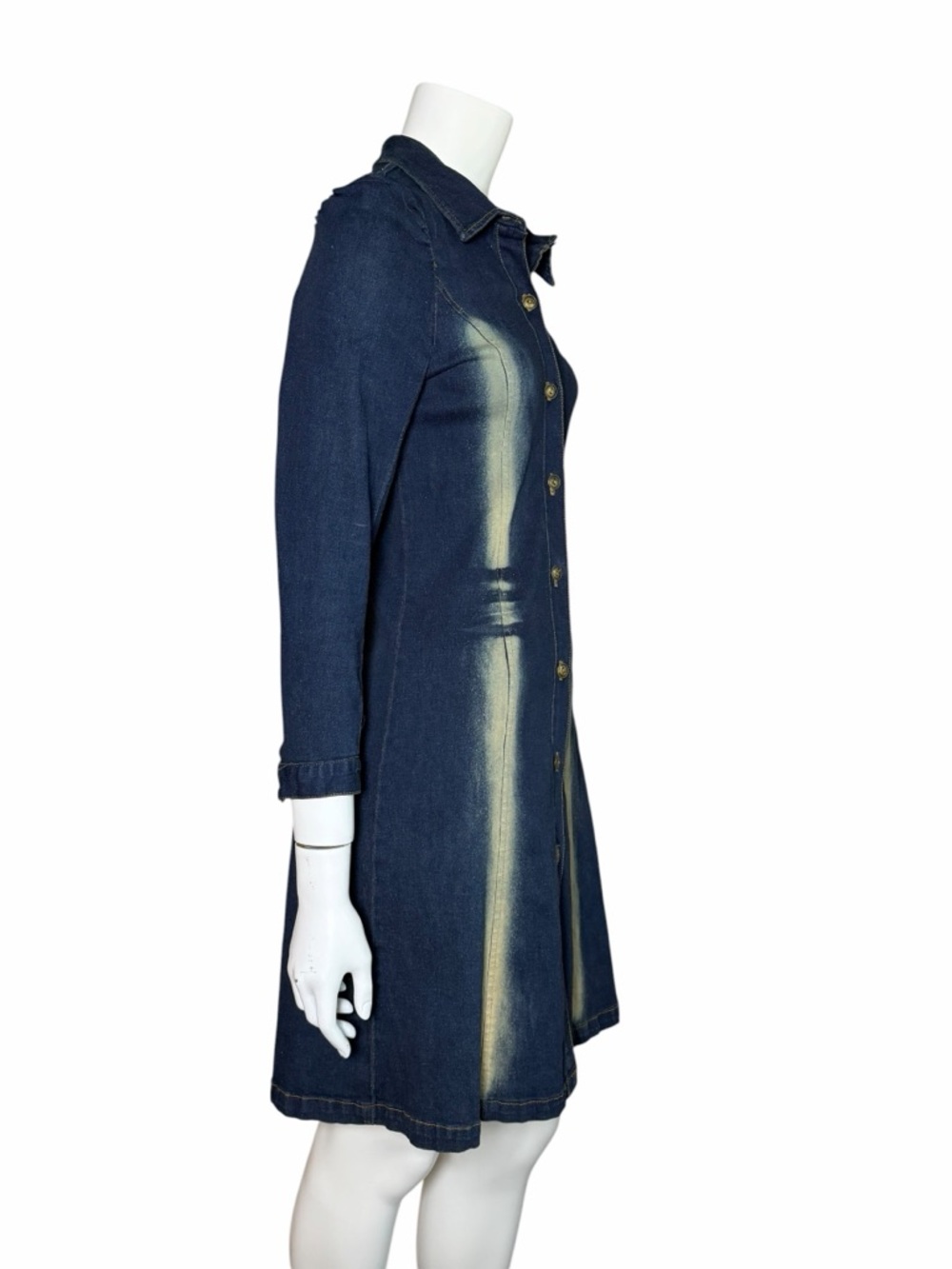 Un Deux Trois Denim Midi Dress Button Front Bleach Wash Panel USA Size 12 - Picture 8 of 11